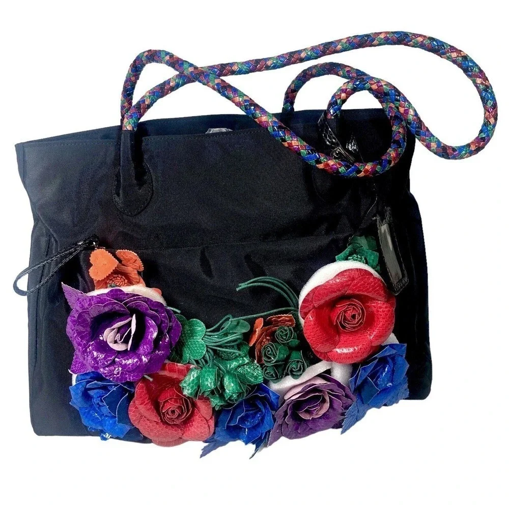 Dan W Black Nylon and Leather Floral Oversized‎ Tote 1990's Statem Bag Vintage